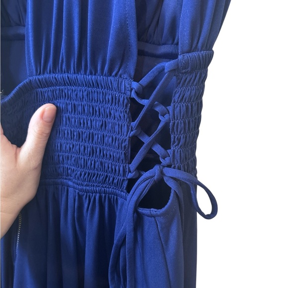 Express Navy Blue Plunge V-Neck Lace Up Midi Dress Size Medium - Picture 2 of 5